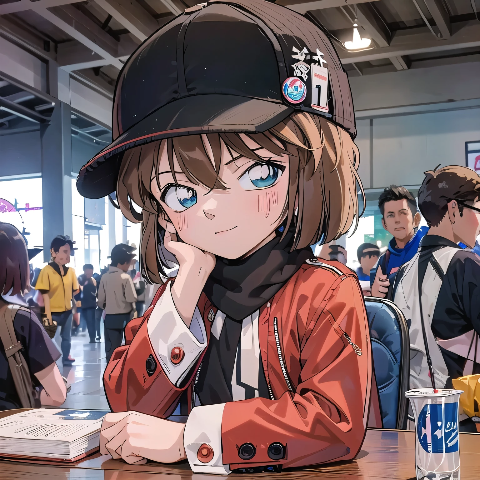 UHD, super detail, 1 Girl,, (Haibara ai) ,Brown Hair, Shortcuts, hat, mask,  (((comiket))), Tokyo Big Site, table, chair, book, indoors, photo background, indoors, wide shot, crowd, bustle