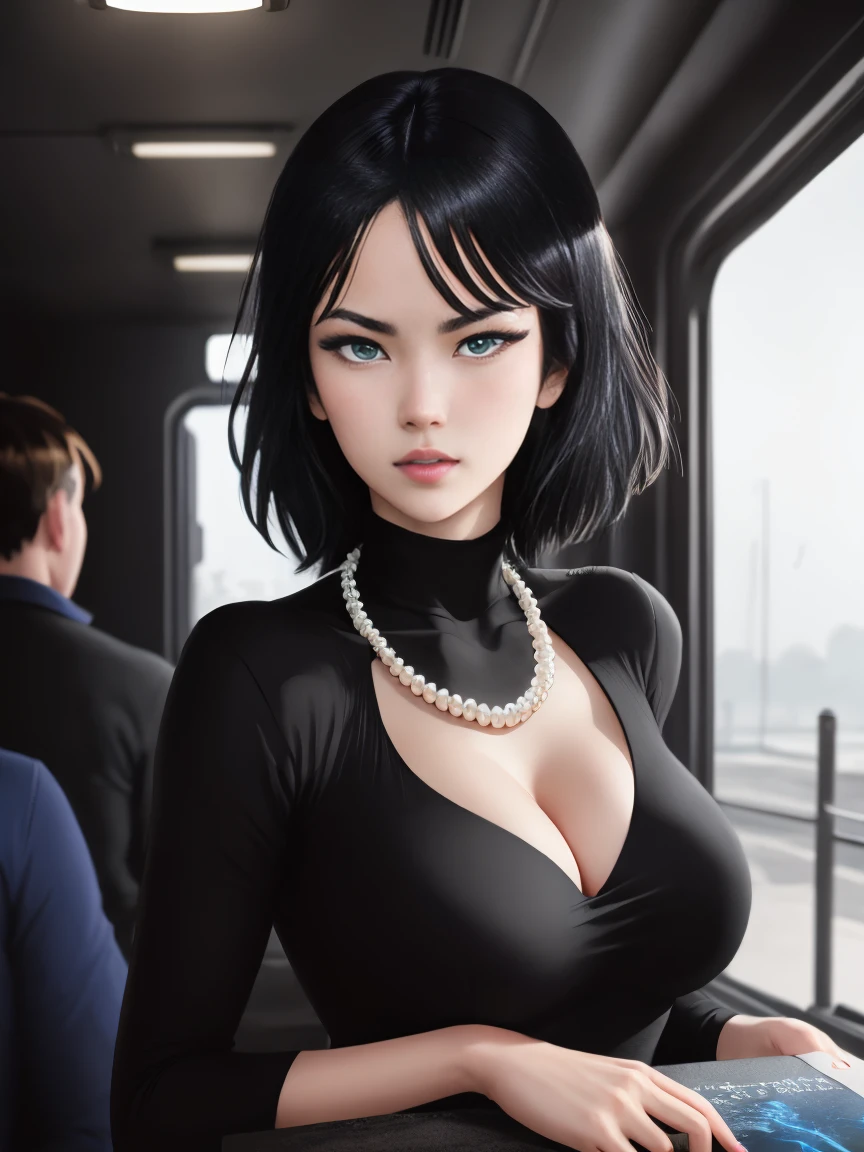A stunning intricate full color portrait of Fubuki, pale skin, black hair, blue eyes, wearing a black tight dress, deep cleavage,pearl necklace, seductive, portrait, by ilya kuvshinov, alessio albi, nina masic, sharp focus, natural lighting, subsurface scattering, f2, 35mm, film grain,