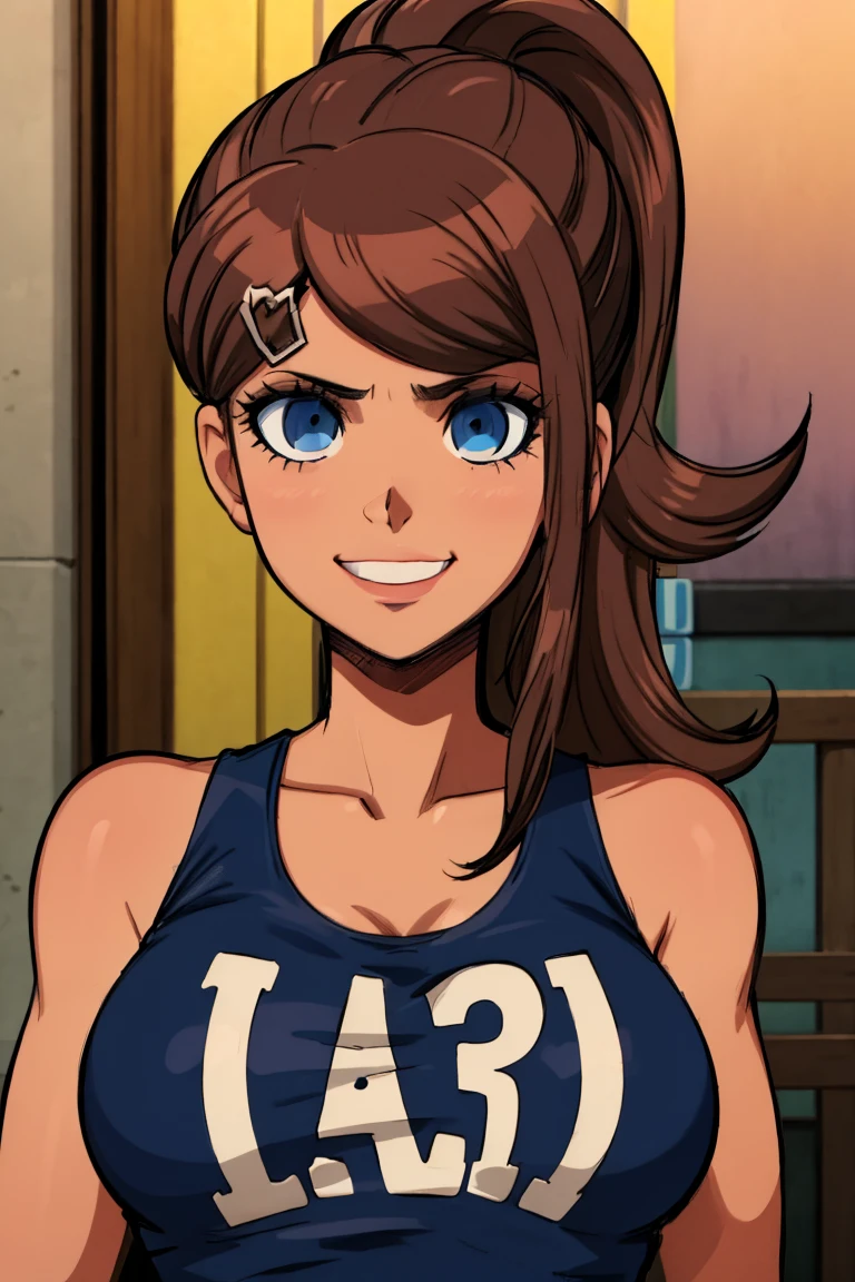 Aoi Asahina, white tanktop, dark brown hair, mid long hair, blue eyes, young adult, 30 years old, beautiful face, light smile, city backround