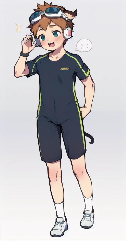 Second dimension boy teenager，One-piece mountaineering suit，horn，Cow ears，Put the headphones on your head，stand up，goggles，sports shoes，Slim，White knee socks，Short sleeve shorts，Leg ring，cute，happy，moan