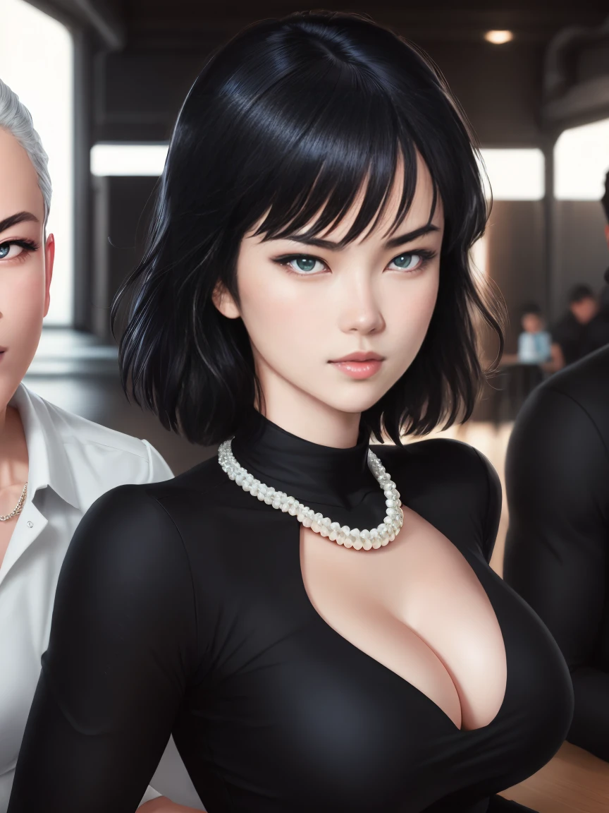 A stunning intricate full color portrait of Fubuki, pale skin, black hair, blue eyes, wearing a black tight dress, deep cleavage,pearl necklace, seductive, portrait, by ilya kuvshinov, alessio albi, nina masic, sharp focus, natural lighting, subsurface scattering, f2, 35mm, film grain, 