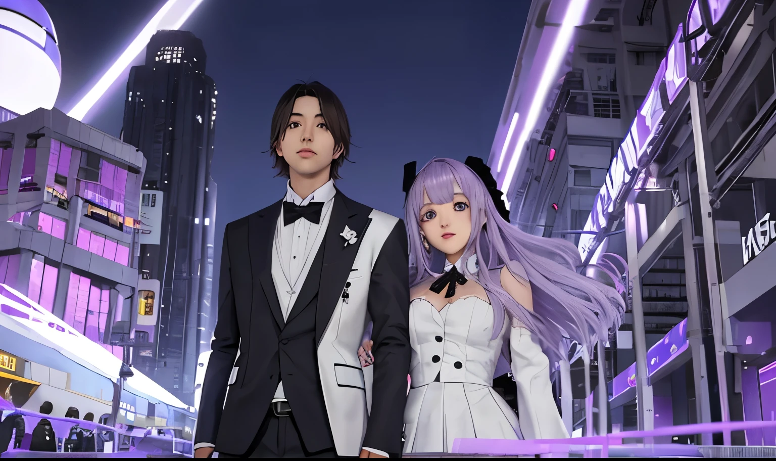 pareja de jovenes anime la chica tiene el cabello blanco con degradado purpura don coletas grandes que llegan al suelo su traje es piloto d robots mecha, traje sexy su pareja es el mecanico de mecha ambos se aman y se queiren estan en el fururo electronico moderno purpura gris