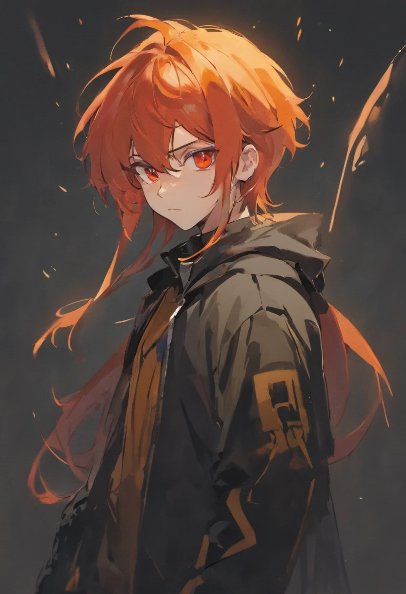 Benedick Bana DIBUJO DE ESTILO, MALE, ARTISTA DE LANZA, has very long orange hair and brown or red eyes, vestido con una gabardina larga negra con jirones en el borde, una camisa negra de cuello alto, pantalones y zapatos a juego, en su espalda tiene una lanza negra con toques rojos , Scott Adams DIBUJO DE ESTILO