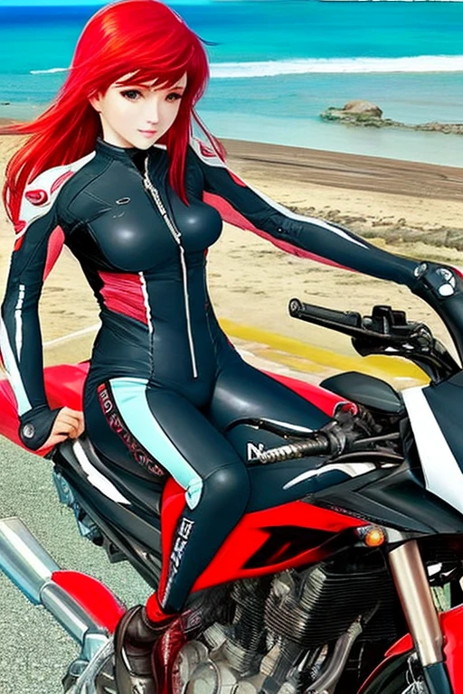 Realistic feel、Sitting on a racing bike、Coastal Road、Resort、Tropical、Beautiful sea、Perfect image quality、Perfect Style、Red rider suit、Sexy appearance、Cool and cute、Beautiful Eyes、Beautiful appearance、