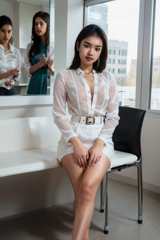 Young beautiful sweet Indonesian girl, 22 years old, slim body, slim thigh, short wavy hairs, at the office, wearing white long sleeve all unbuttoned thin dress, wearing cripeled knee long white skirt, wearing no underwear, no panty, no bra, wearing high heels, wearing belt, siting open veryvery wide legs confidence on a chair in empty and scary waiting room, hairy vagina exposed visible, serious face, she is waiting for the interview of job vacancy at the office, carry file bag, realistic, very detail, normal fingers shape, no cartoon,