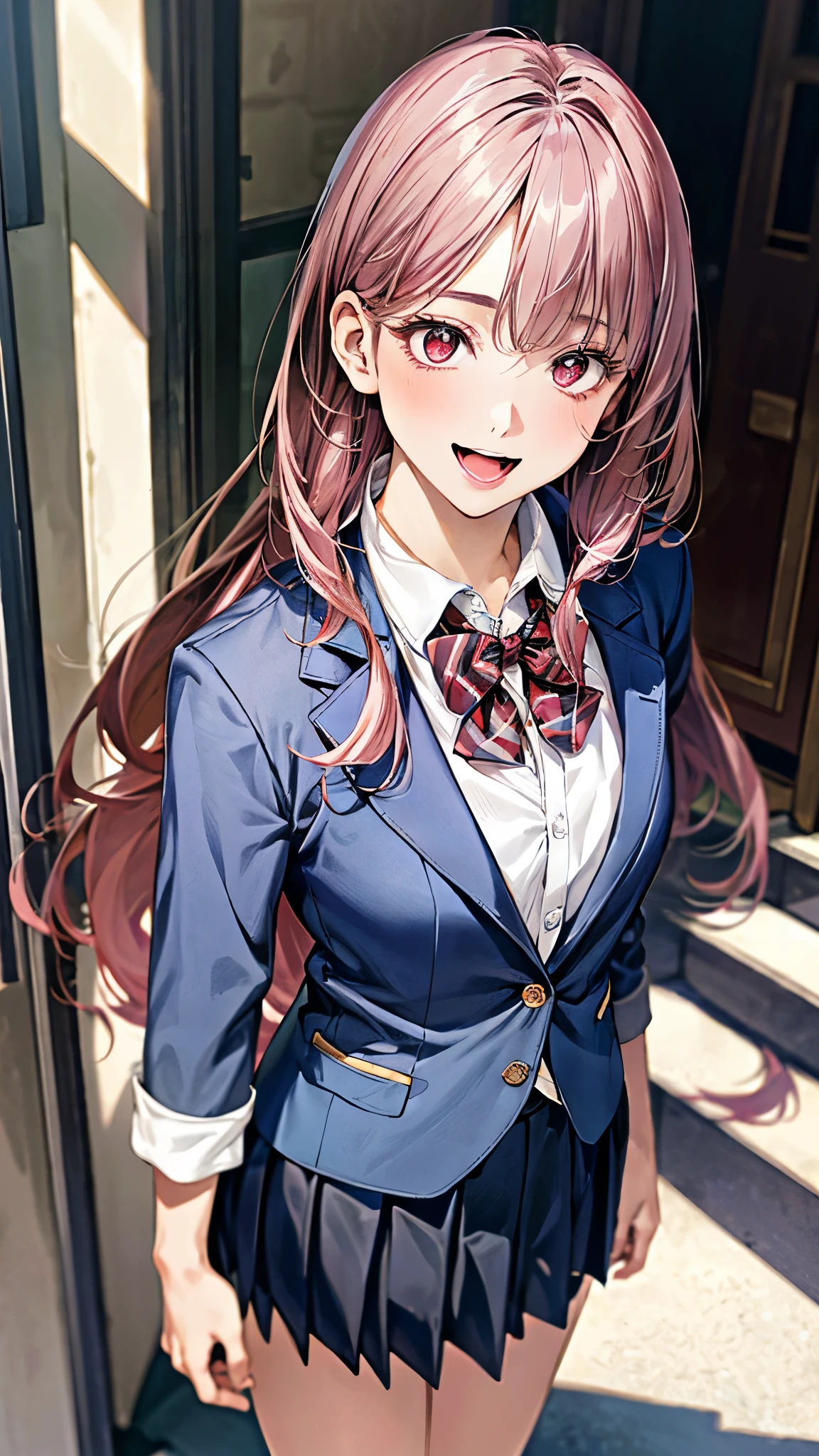 (masterpiece:1.3, top-quality, ultra high res, ultra detailed), (realistic, photorealistic:1.4), beautiful illustration, perfect lighting, natural lighting, colorful, depth of fields, surrealism,
beautiful detailed hair, beautiful detailed face, beautiful detailed eyes, beautiful clavicle, beautiful body, beautiful chest, beautiful thigh, beautiful legs, beautiful fingers, shiny skin,
looking at viewer, 1 girl, japanese, high school girl, (perfect ???????, anatomically correct, super detailed skin), cute and symmetrical face, babyface, perfect face, perfect eyes, perfect fingers,
(long hair:1.6, straight hair:1.2, long sidelocks, pink hair), braided bangs, maroon eyes, big eyes, long eyelashes, (medium breasts, seductive thighs), slender, outstanding style,
(detailed cloth texture, break, (navy blue blazer, close blazer), break, collared white shirt, break, gray pleated skirt, break, dark red bow tie), break, navy blue school socks, black loafer,
(beautiful scenery), (inside school entrance), graceful, (pretty smile, open mouth small),