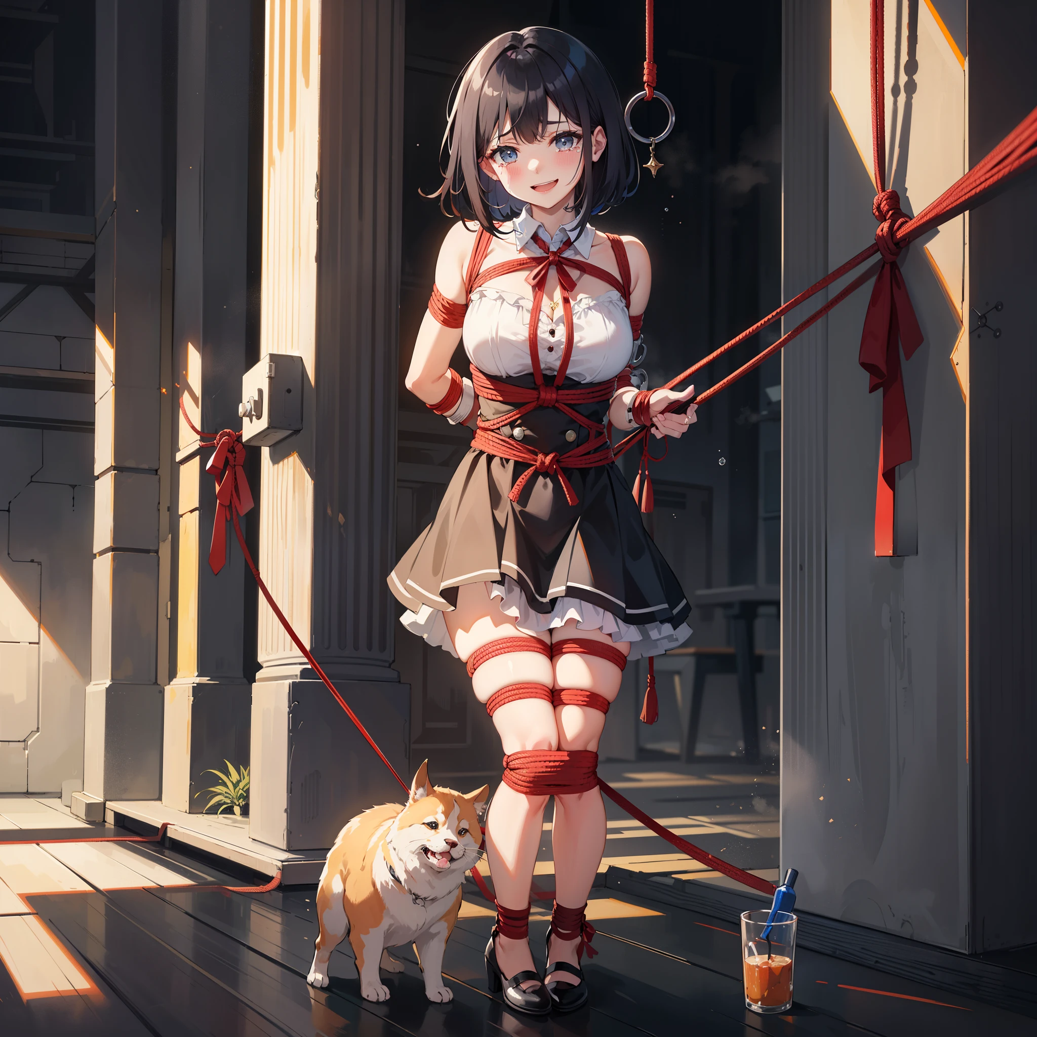 ((highest quality)), Absurd, House of the Heretic, highest quality, High resolution, SF1, Torture Style, Tied up woman, smile, Tied to a pillar , (A black mist wraps around my body), Surrounded by darkness, Bound Legs, Restrained wrists, Bondage Rope, Mechanical restraint, Laughter, tears, Tickling, , Cry