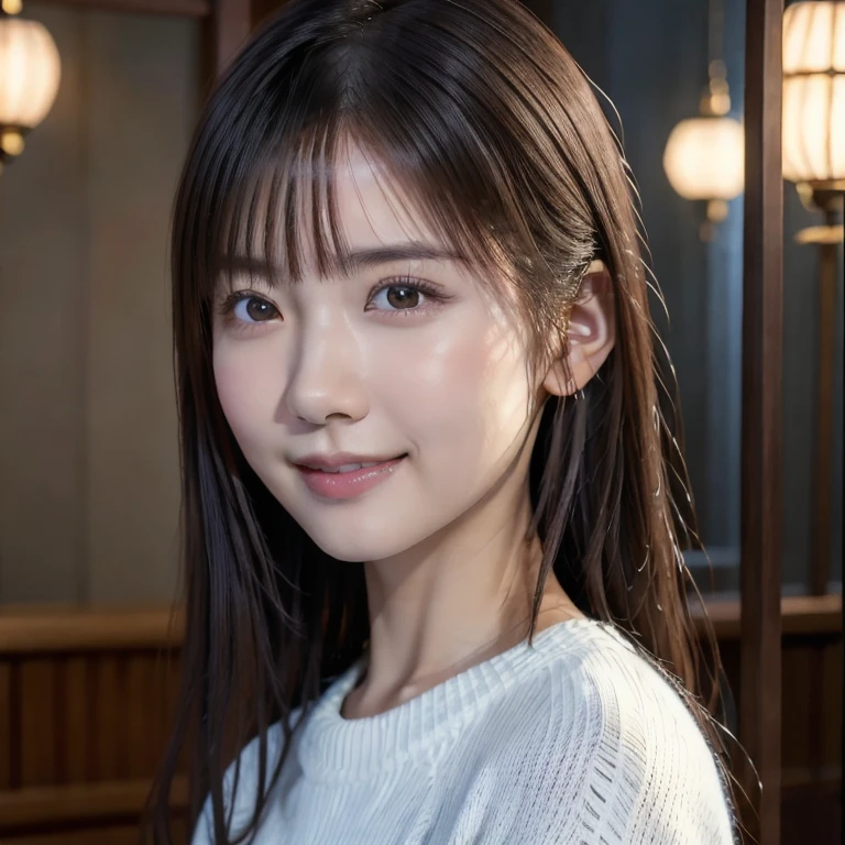 日本人の1人, (RAW写真, 最高品質), (現実的, 現実的:1.4), テーブルトップ, とても繊細で美しい, 非常に詳細, 8k壁紙, 素晴らしい, 詳細に, 非常に詳細なCG Unity, 高解像度, やわらかい光, 美しいディテール 19 years old, 非常に詳細な目と顔, 美しく精巧な鼻, 美しいディテール,映画館の照明,完璧な解剖学,細身の体,笑顔 (非対称の前髪,)