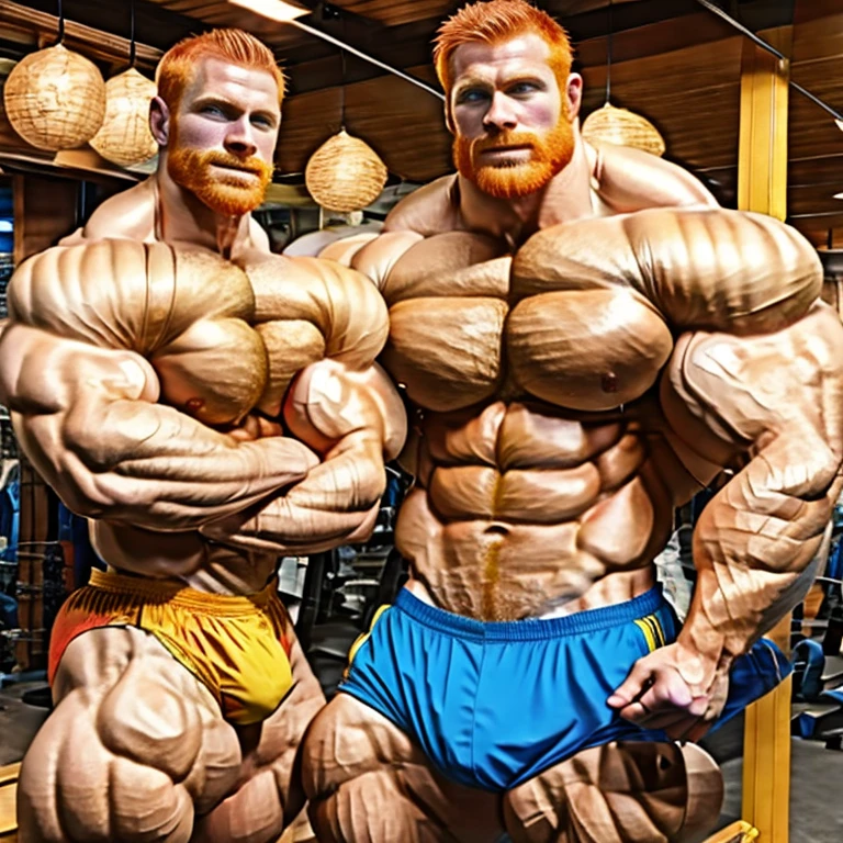 ginger bodybuilder with fiber-level detail on chest, abs and general whole muscles