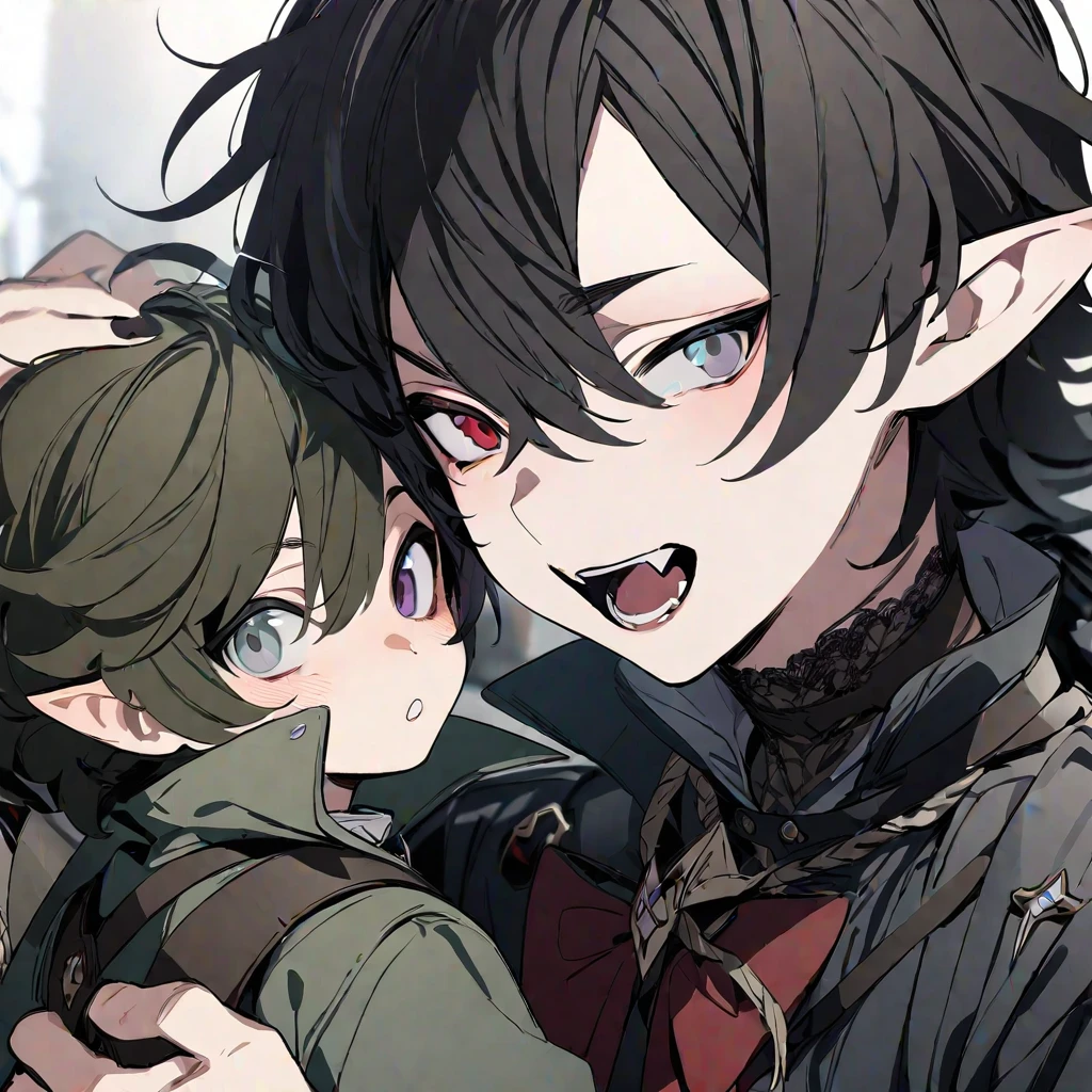 shirop,(masterpiece, best quality:1.2),1boy,grey eyes,heterochromia,pointy ears,shota,soldier,vampire