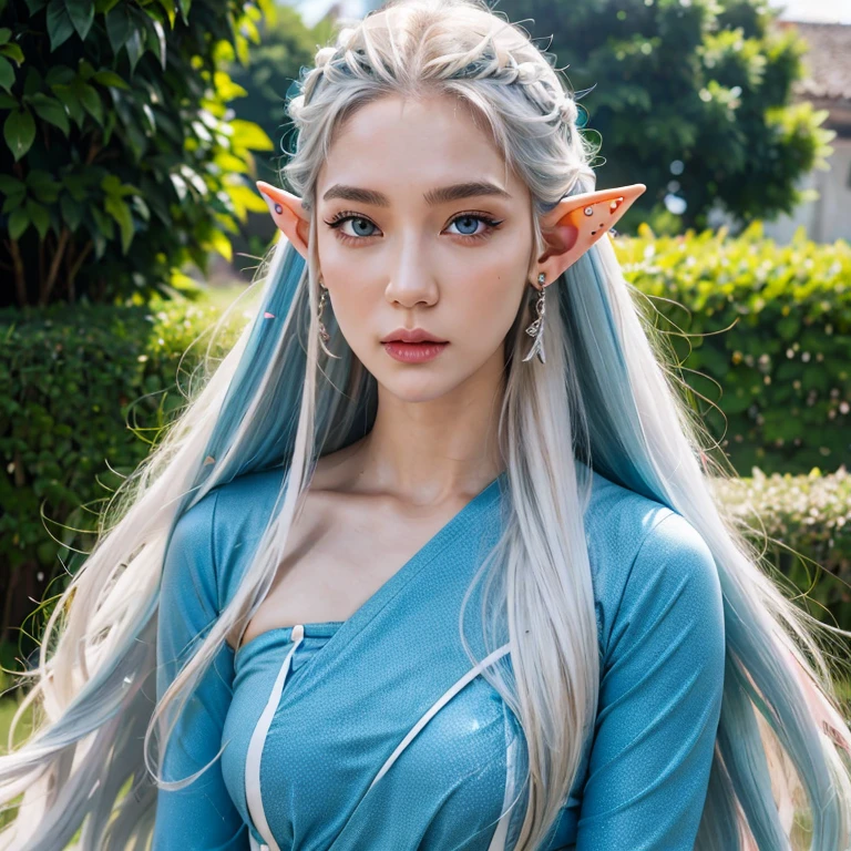  solo,1 elf queen, named Glandruil, young woman, 0, light blue eyes, white eyebrows, white eyelashes, killer legs, killer body, vibrant colors, detailed scenery, detailed hair, detailed eyes, detailed facial features, silver hair, asymmetrical hair, hair behind ear, long hair, very long hair, expressive hair, absurdly long hair, tri tails, crown, long pointy ears, Vibrant colors, masterpiece, anatomically correct, textured skin, super detail, best quality , realistic