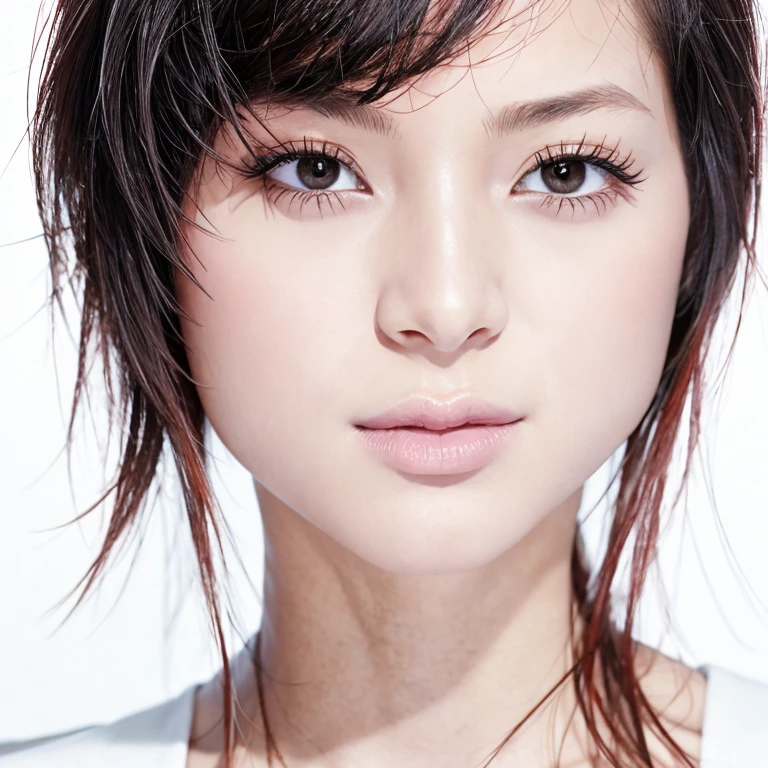 (highest quality, 8k, 32k, masterpiece), (Realistic), (Photorealistic:1.2), (High resolution), Very detailed, Very beautiful face and eyes, 1girl, Delicate body, (close, highest quality, Attention to detail, Rich skin detail), (highest quality, 8k), Very detailed, (Realistic, Realistic:1.37), Bright colors, (((Bust Shot))), (((Pure white wall background))), (((Look straight ahead)))