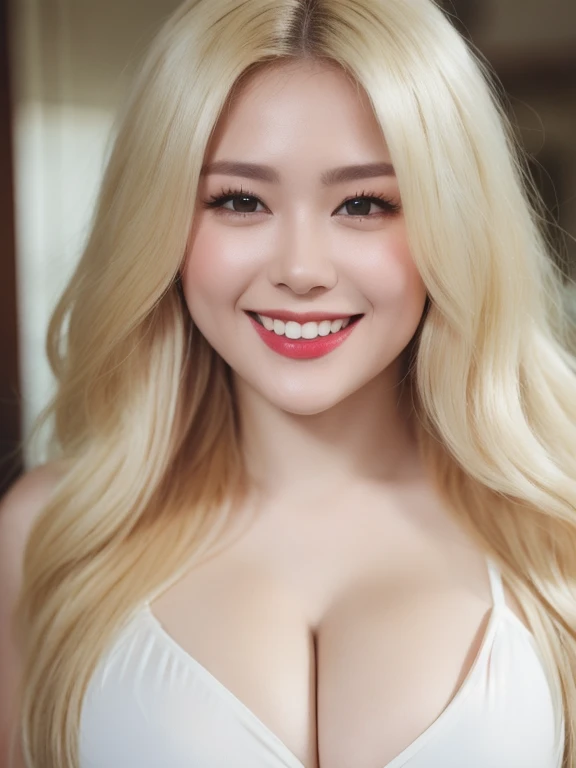 (realistic、masterpiece、Best Quality、8K、highres、high resolution:1.3)、1 girl、Huge breasts、smile, white bikini、pale white skin、looking at viewers、super fine face and eyes、long blonde hair、indoor、 upper body、