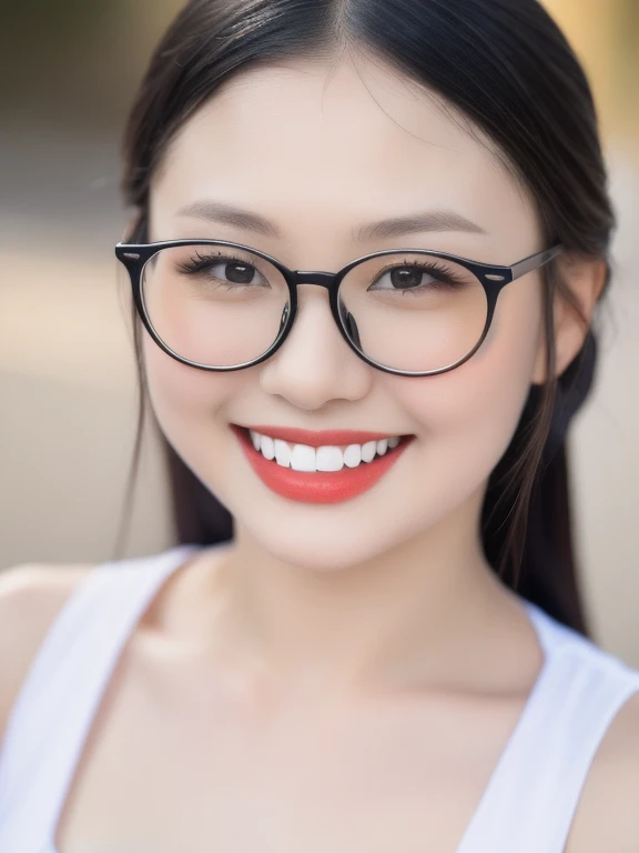 (realistic、masterpiece、Best Quality、8K、highres、high resolution:1.3)、1 glasses girl、 Huge breasts、smile, white bikini、pale white skin、looking at viewers、super fine face and eyes、long hair、indoor、 upper body、