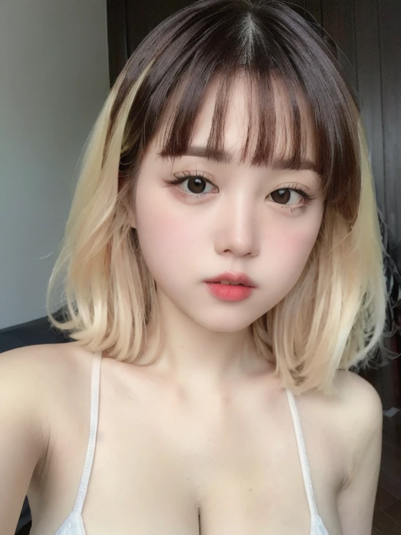 (realistic、masterpiece、Best Quality、8K、highres、high resolution:1.3)、1 girl、 Huge breasts、white bikini、pale white skin、looking at viewers、super fine face and eyes、long blonde hair、indoor、 upper body、