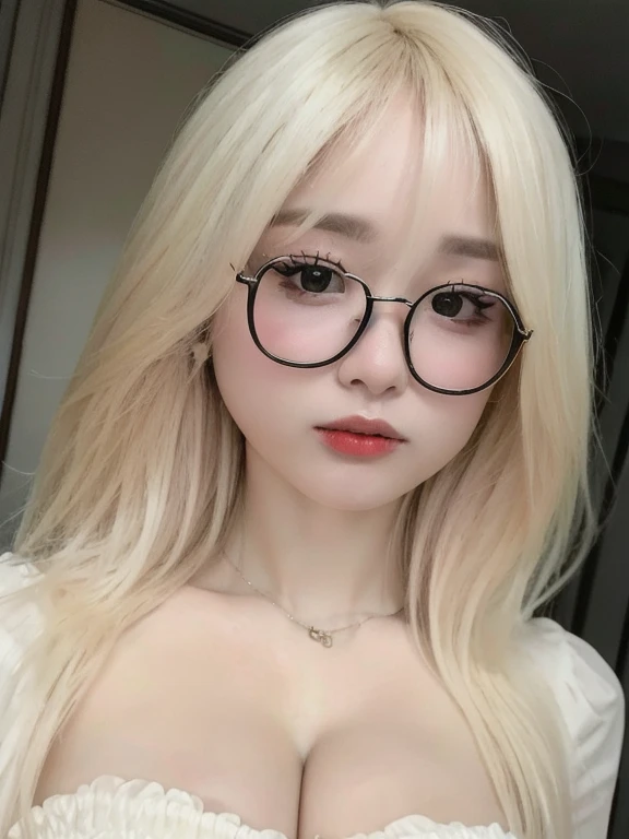 (realistic、masterpiece、Best Quality、8K、highres、high resolution:1.3)、1 glasses girl、Huge breasts、white bikini、pale white skin、looking at viewers、super fine face and eyes、long blonde hair、indoor、 upper body、