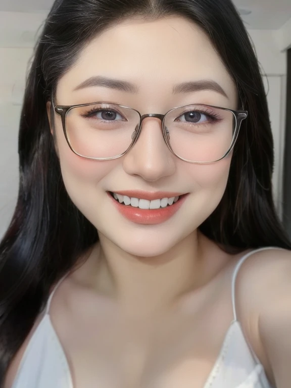 (realistic、masterpiece、Best Quality、8K、highres、high resolution:1.3)、1 glasses girl、smile, Huge breasts、white bikini、pale white skin、looking at viewers、super fine face and eyes、long hair、indoor、 upper body、