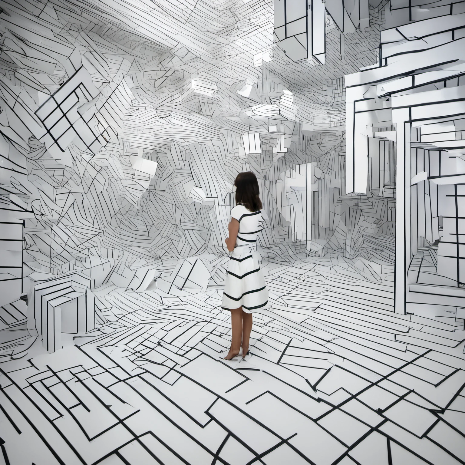 Woman in a surreal room, Black and white lines  