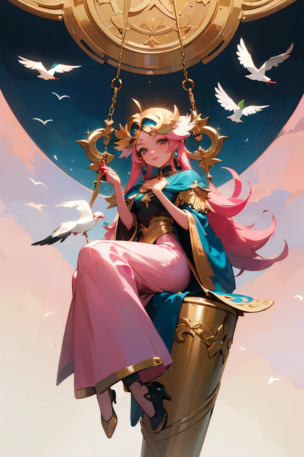 black Anime girl with pink clothes, pink hair, Suspended in the air, highly detailed exquisite fanart, a black woman, lady palutena, seagulls, Choi Mochimazzi, High-quality fanart, Anime princess, Humanoid pink sitting girl, Blue diamond in hand, Detailed fanart, Anime goddess, line art in colour, Metal ornaments are embellished and gold,On her chest hangs a Philosopher's Stone