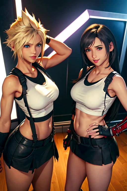 (masterpiece), (high quality), (realistic 1.5), (2 girls) female Cloud Strife, Tifa Lockhart, , white sleeveless top, black skirt, sexy pose, chievous smile, soft lightning, looking at viewer, keeping eye contact, precise hands