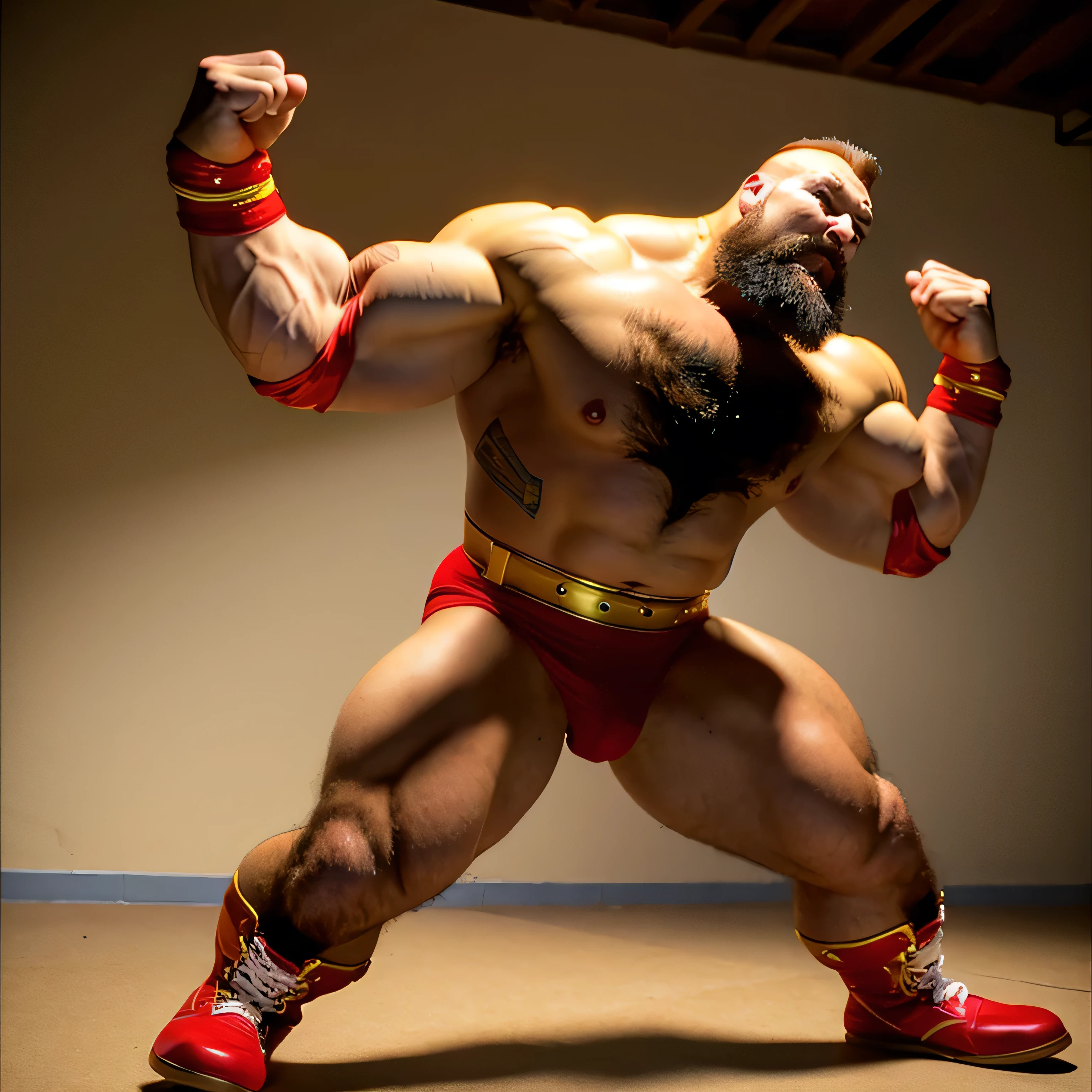 zangief,a man with a beard and a golden belt, fighting game character, street fighter 5,muscled humanoid,heavy looking,buff man,wrestler,Red short briefs,capcom,street fighter,shirtless,muscular male,chest hair,visually weighty,bearded man,mohawk hair,no wristband,Red Wrestling Boots,best quality