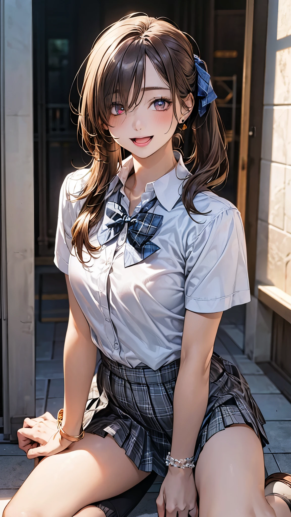 (masterpiece:1.2, top-quality), (realistic, photorealistic:1.4), beautiful illustration, (natural side lighting, movie lighting),
looking at viewer, full body, front view:0.6, 1 girl, japanese, high school girl, perfect face, cute and symmetrical face, suntan, shiny skin,
(long hair:1.5, side ponytail:1.4, brown hair), hair over one eye:1.4, maroon eyes, long eye lasher, (large breasts:0.6),
beautiful hair, beautiful face, beautiful detailed eyes, beautiful clavicle, beautiful body, beautiful chest, beautiful thigh, beautiful legs, beautiful fingers,
((collared short sleeve shirt, white shirt, , grey plaid pleated skirt, blue plaid bow tie), wrist chakra),
(beautiful scenery), (school scenery), , (lovely smile, upper eyes, open mouth),