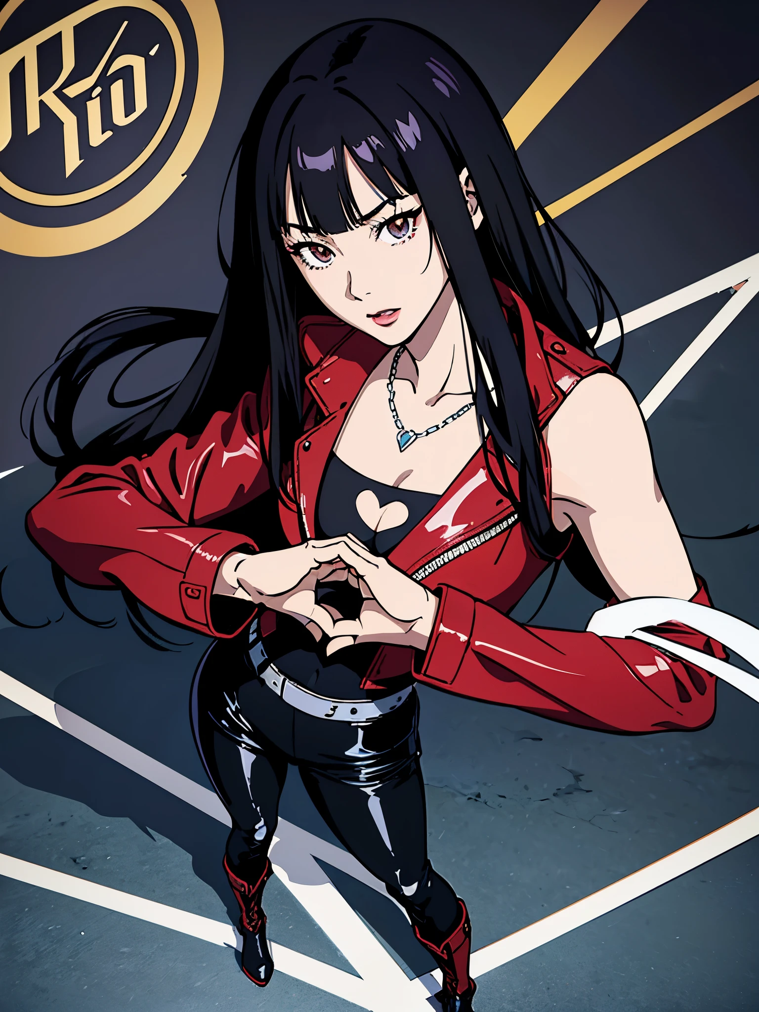 digital art drawing, illustration of (Giselle from k-pop group aespa, Long black hair with bangs, partially bleached streaks of hair, brown eyes, flat chest, anime girl, silver chain necklaces, confident look, red jacket, black latex pants, long black boots, neon details, cyberpunk 2077), anime drawing/art, bold linework, illustration, digital art, masterpiece, flat illustration, no shadows, 8k resolution, high detail, vector art, only anime, perfect eyes, perfect hands, perfect fingers, sharpness, high clarity, medium shot, high fidelity

