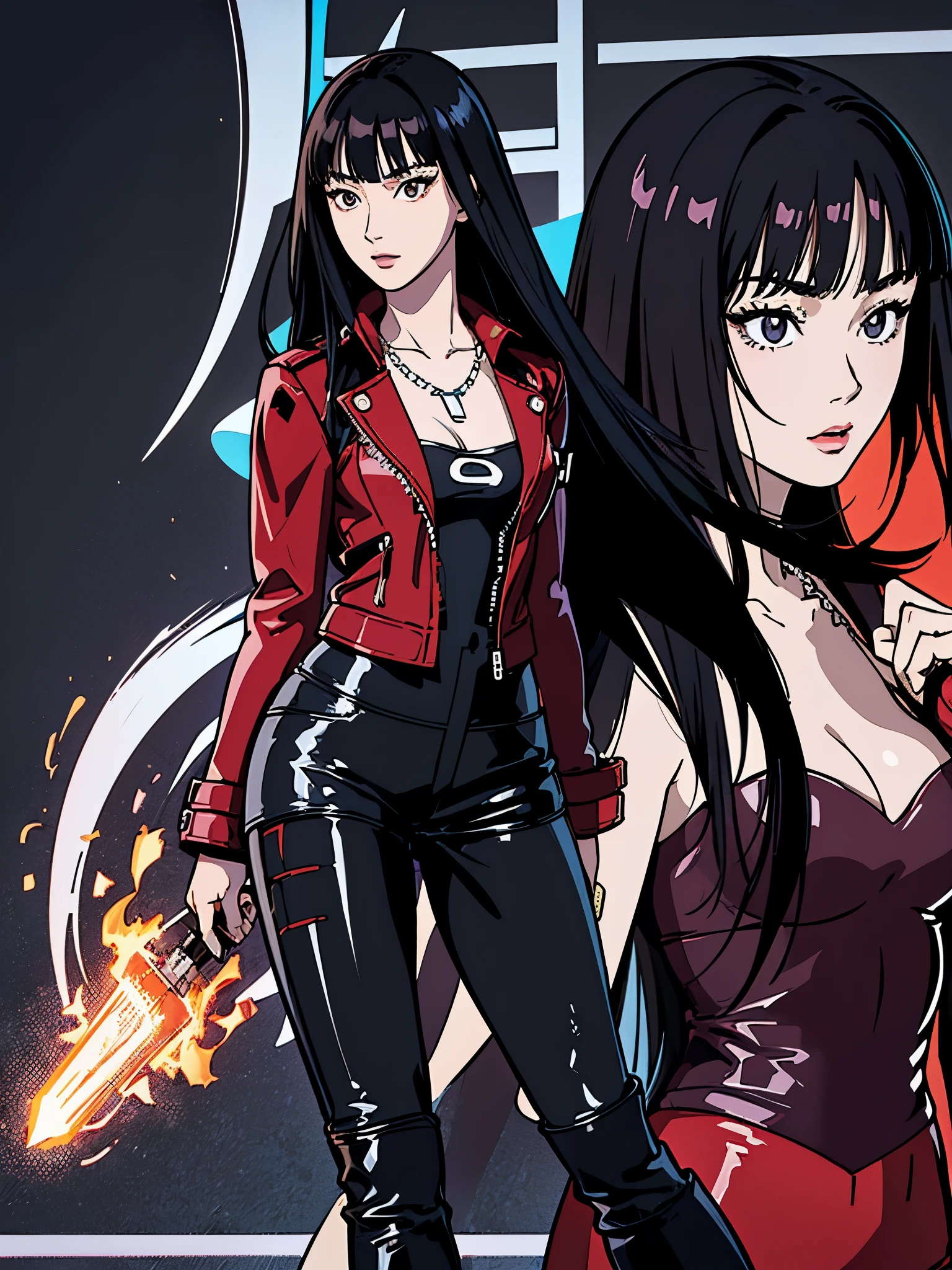 digital art drawing, illustration of (Giselle from k-pop group aespa, Long black hair with bangs, partially bleached streaks of hair, brown eyes, flat chest, anime girl, silver chain necklaces, confident look, red jacket, black latex pants, long black boots, neon details, cyberpunk 2077), anime drawing/art, bold linework, illustration, digital art, masterpiece, flat illustration, no shadows, 8k resolution, high detail, vector art, only anime, perfect eyes, perfect hands, perfect fingers, sharpness, high clarity, medium shot, high fidelity
