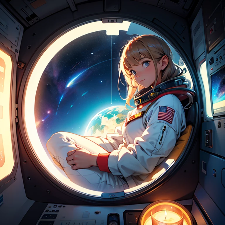 A female astronaut inside a cozy spaceship, a circle window that’s looking out at something pretty and magical in space like space dragons