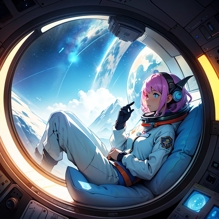 A female astronaut inside a cozy spaceship, a circle window that’s looking out at something pretty and magical in space like space dragons