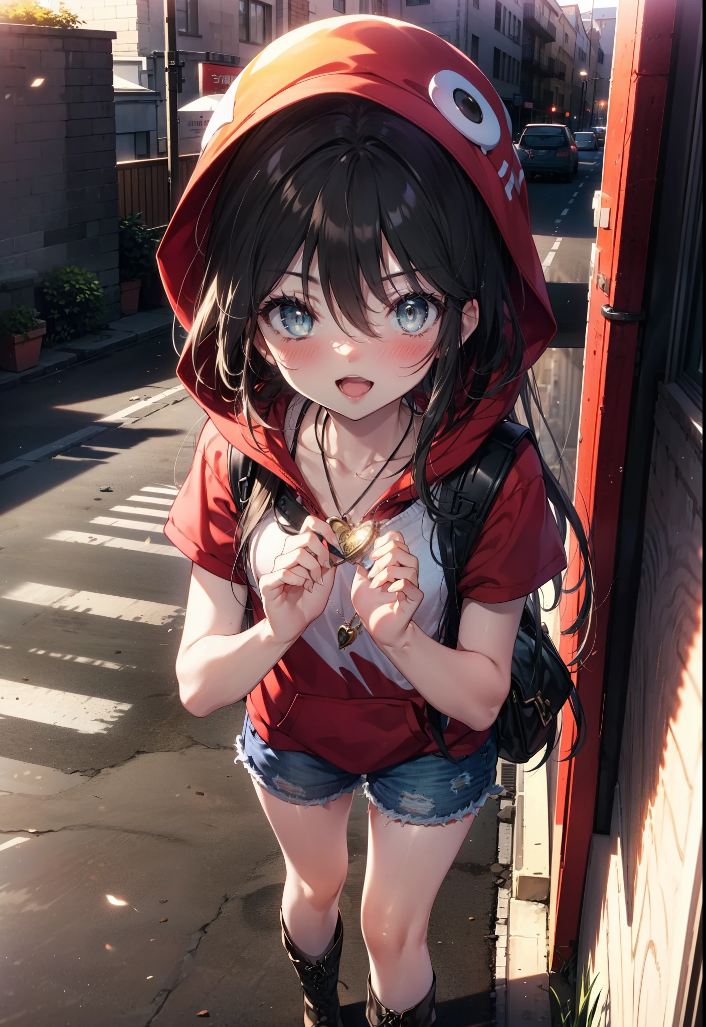 Shana,灼眼のShana,Long Hair, Black Hair,black eye, Small breasts,smile,blush,Open your mouth,Applejack Hat,Tank top shirt,Red hoodie,Short sleeve,Shorts,Black Neeso,Locket Necklace,short boots,Looking down from above,whole bodyがイラストに入るように,morning,morning陽,The sun is rising,
break looking at viewer, whole body,
break outdoors, City Street,construction area,
break (masterpiece:1.2), highest quality, High resolution, unity 8k wallpaper, (shape:0.8), (Beautiful and beautiful eyes:1.6), Highly detailed face, Perfect lighting, Extremely detailed CG, (Perfect hands, Perfect Anatomy),