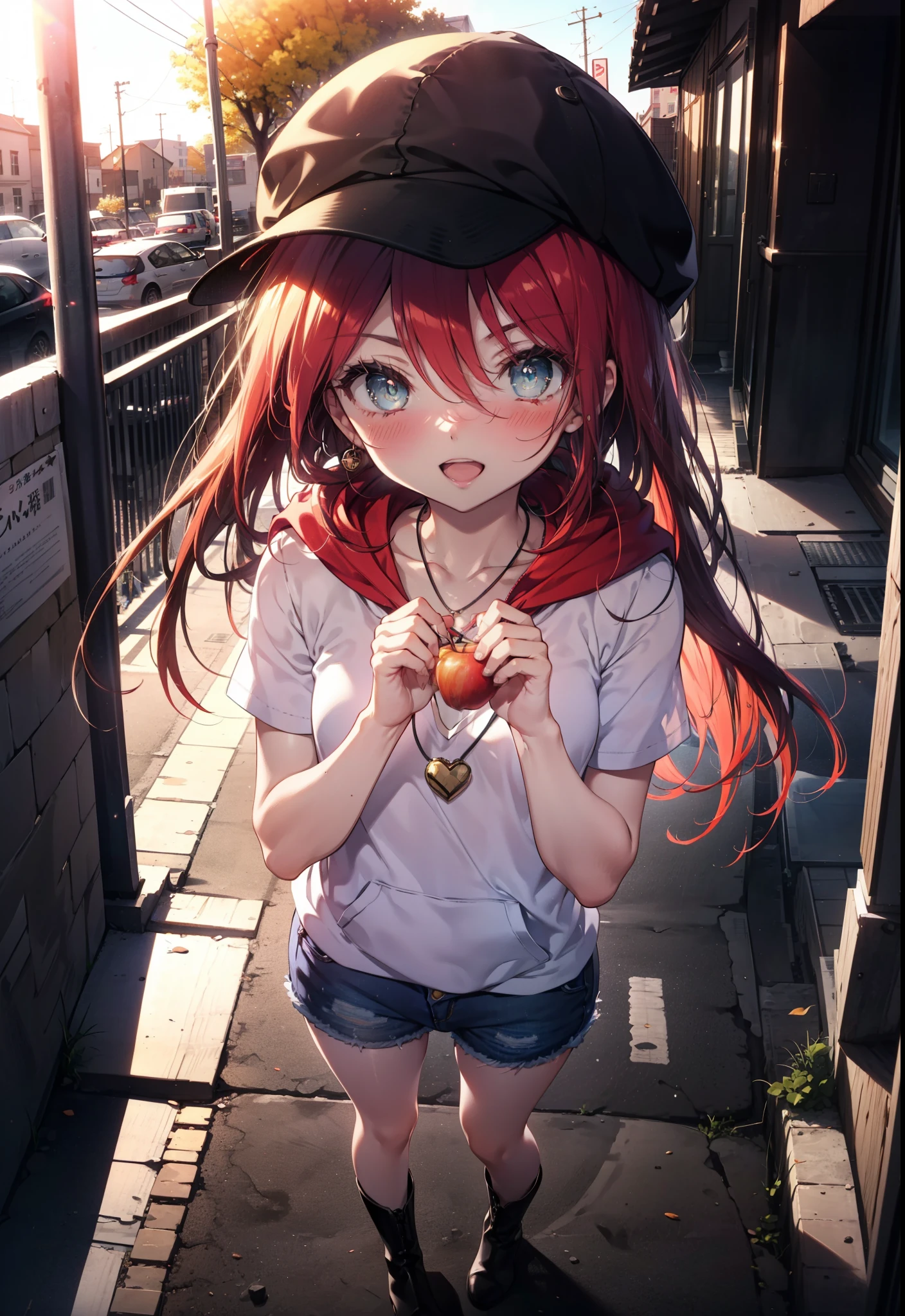 Shana,灼眼のShana,Long Hair, Red Hair,Bright red eyes, Small breasts,smile,blush,Open your mouth,Applejack Hat,Tank top shirt,Red hoodie,Short sleeve,Shorts,Black Neeso,Locket Necklace,short boots,Looking down from above,whole bodyがイラストに入るように,morning,morning陽,The sun is rising,
break looking at viewer, whole body,
break outdoors, City Street,construction area,
break (masterpiece:1.2), highest quality, High resolution, unity 8k wallpaper, (shape:0.8), (Beautiful and beautiful eyes:1.6), Highly detailed face, Perfect lighting, Extremely detailed CG, (Perfect hands, Perfect Anatomy),