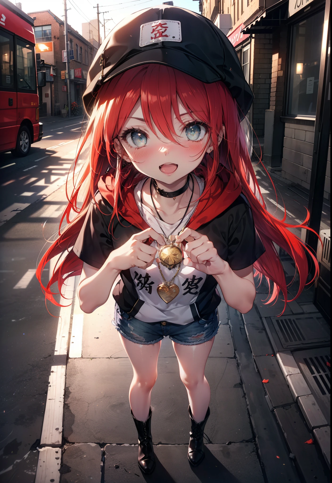 Shana,灼眼のShana,Long Hair, Red Hair,Bright red eyes, Small breasts,smile,blush,Open your mouth,Applejack Hat,Tank top shirt,Red hoodie,Short sleeve,Shorts,Black Neeso,Locket Necklace,short boots,Looking down from above,whole bodyがイラストに入るように,morning,morning陽,The sun is rising,
break looking at viewer, whole body,
break outdoors, City Street,construction area,
break (masterpiece:1.2), highest quality, High resolution, unity 8k wallpaper, (shape:0.8), (Beautiful and beautiful eyes:1.6), Highly detailed face, Perfect lighting, Extremely detailed CG, (Perfect hands, Perfect Anatomy),