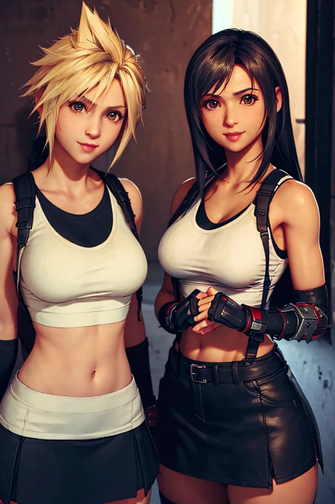 (masterpiece), (high quality), (realistic 1.5), (2 girls)  female Cloud Strife, Tifa Lockhart, big breasts, white sleeveless top, black skirt, sexy pose, mischievous smile, soft lightning, looking at viewer, keeping eye contact, precise hands