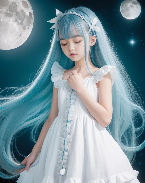 (Surrounded by the Moon beams)) in side a Crater ((Eyes closed)) wearing a white dress with short ruffle linen puff sleeves coveree in small cresent moon-shape crystals. ((Is a girl with long teal mix blue hair and white oyster diamond covered hairclips in her hair))(( full body))