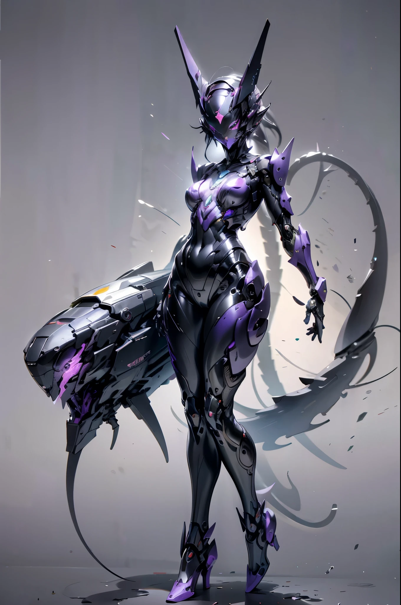 A female transformer. mechanical body. Three luminous eyes. she with a scorpion tail. Helmet liked face. Image colors of black and purple. Metallic luster. full body image. sexy.