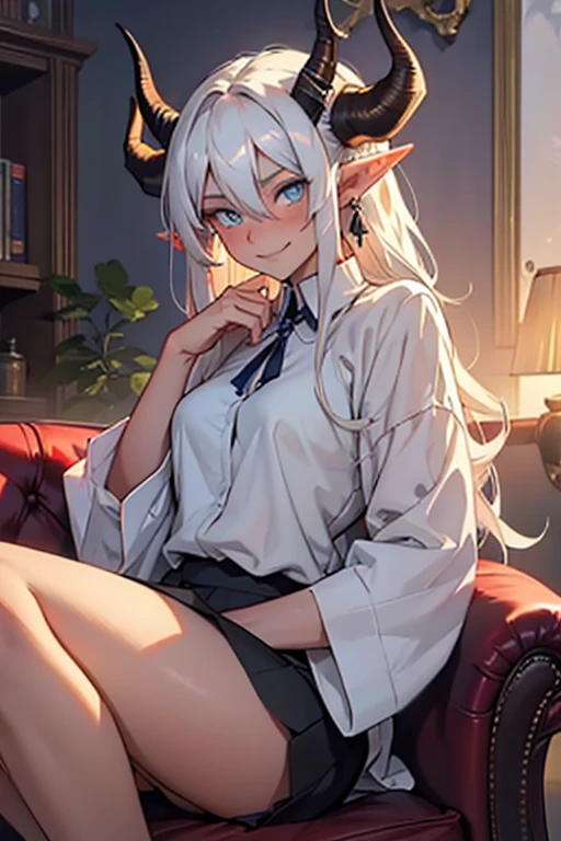 ((best quality)), ((masterpiece)), ((detailed)), demon, woman, long white hair, bright blue eyes, shy, smiling, blushing, long demon tail, pointy ears, horns, sunset, sitting on couch, living room, oversized shirt