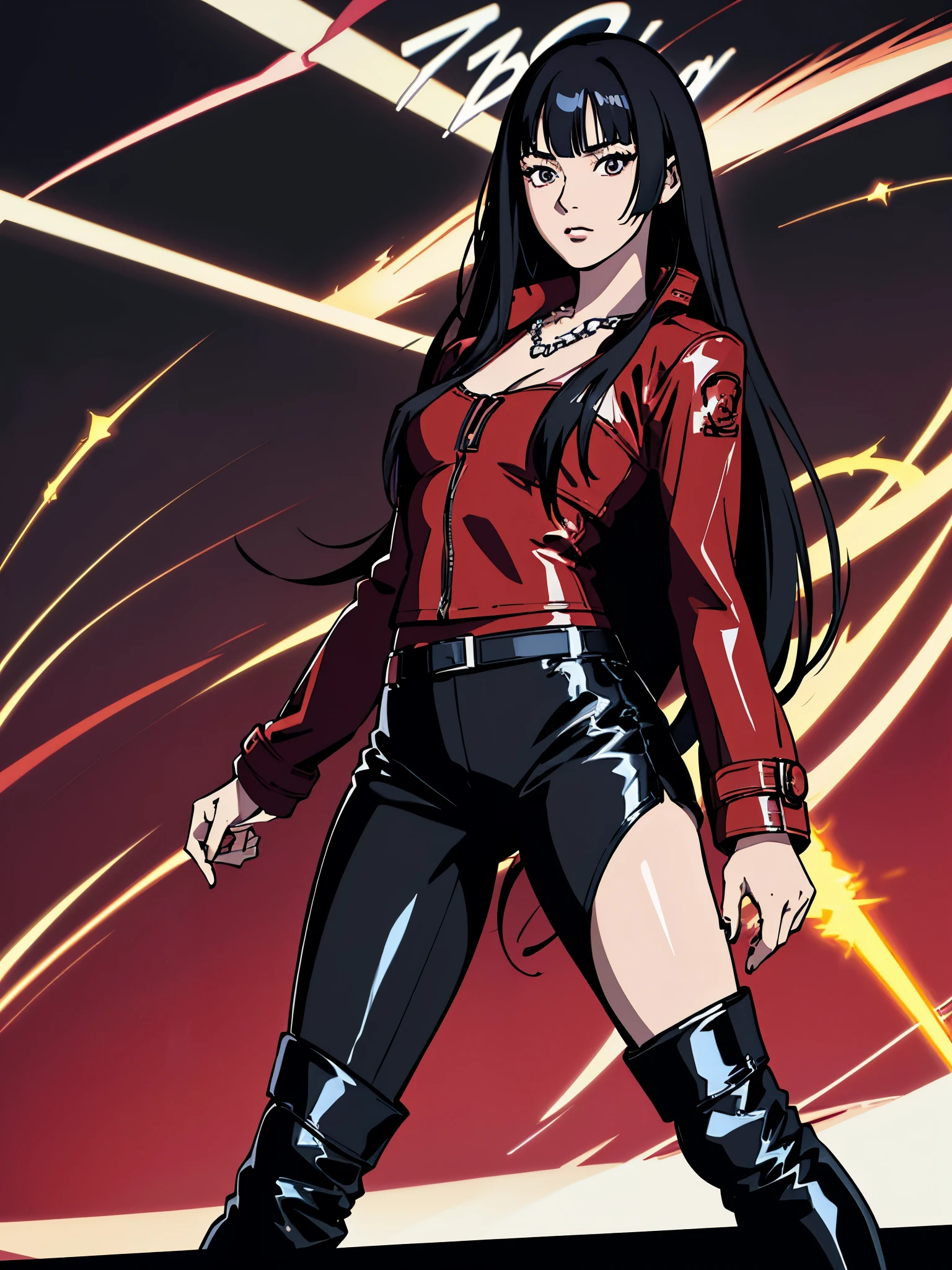 digital art drawing, illustration of (Giselle from k-pop group aespa, Long black hair with bangs, partially bleached streaks of hair, brown eyes, flat chest, anime girl, silver chain necklaces, confident look, red jacket, black latex pants, long black boots, neon details, cyberpunk 2077), anime drawing/art, bold linework, illustration, digital art, masterpiece, flat illustration, no shadows, 8k resolution, high detail, vector art, only anime, perfect eyes, perfect hands, perfect fingers, sharpness, high clarity, medium shot, high fidelity
