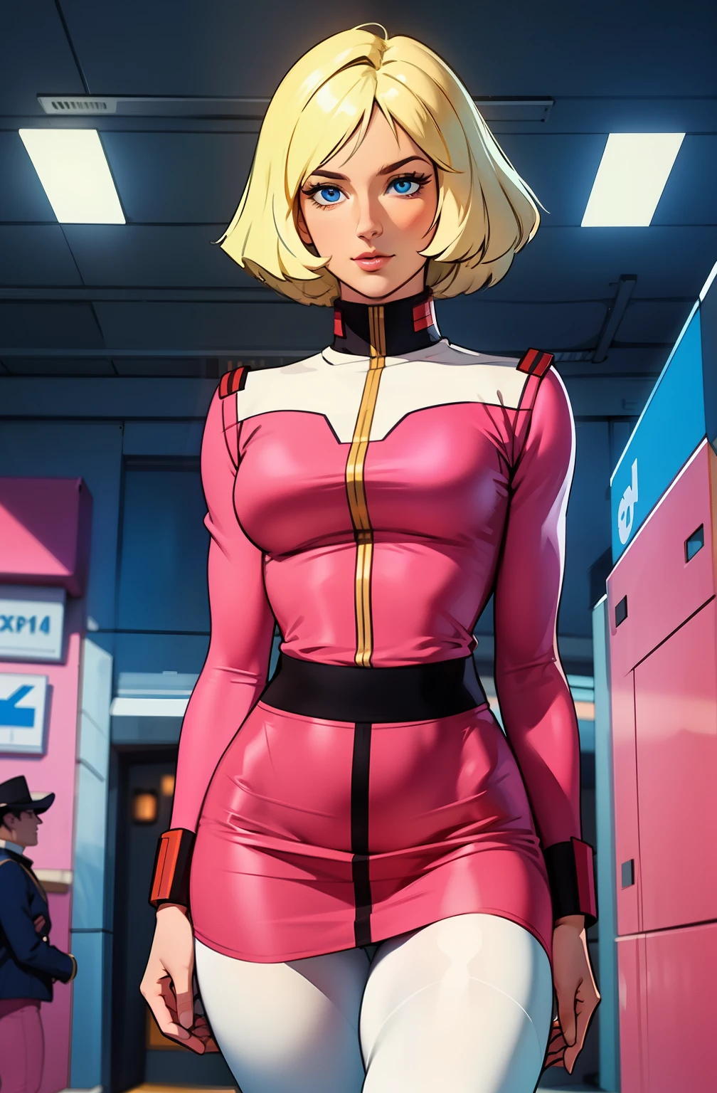 ((masterpiece)), ((cinematic lighting)), realistic photo、Real Images、Top image quality、1girl in, sayla mass, Elegant, masterpiece, Convoluted, slim arms, wide hips, thick thighs, thigh gaps, Best Quality, absurderes, high face detail, Perfect eyes, mature, Cowboy Shot, , Vibrant colors, soft pink uniform, soft pink Skirt, white tights