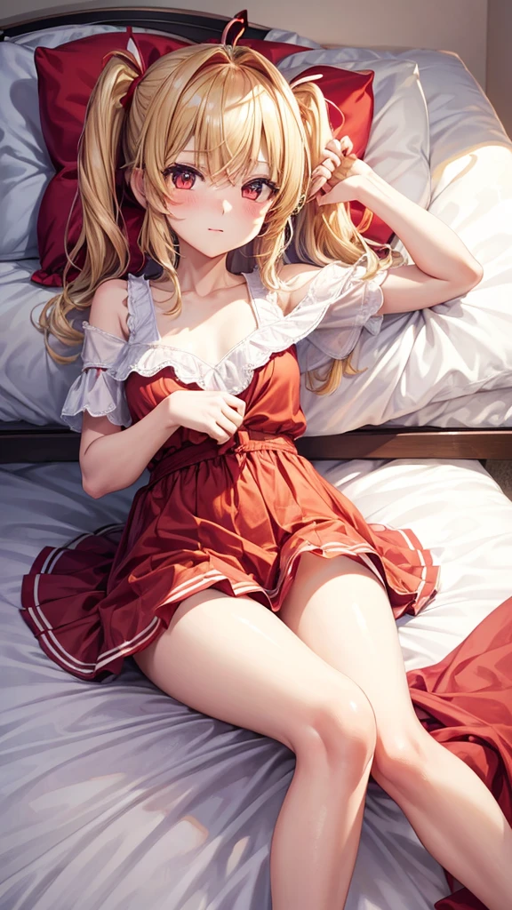 On the bed, highest quality, 1 girl,Flandre Scarlet,Blonde side ponytail、Bedroom Background,I&#39;m wearing a white thug hat、And colorful feathers、topless、ＨCup Chest、blush,naked、全naked、Dripping vaginal discharge
