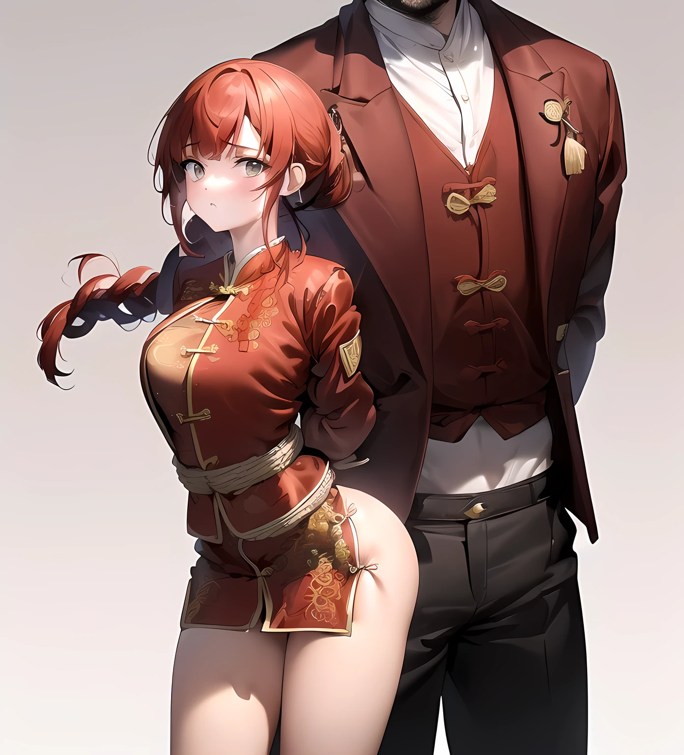 1 Beautiful Girl, Ranma, Braided Ponytail, Redhead, (chinese garment:1.4), Ranma Chan, (Red Chinese Lucky Jacket:1.7), , (blush), masterpiece, highest quality, High resolution, (40 year old mafia man, penis:1.4), Perfect limbs, ((((penis enters vagina)))), behind, Spread your legs, Beautiful depiction of the vagina, ((Binding, Arms behind your back:1.47)), ((Restrained by rope)), Beautiful girl fucks a guy