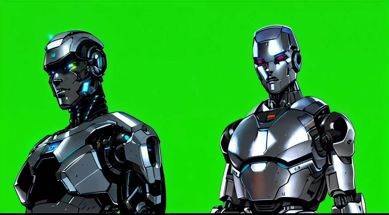 there are two robots that are standing next to each other, cybernetic and highly detailed, cyborg male, male cyborg, male android, movie still of a cool cyborg, focus on two androids, cyborg and wire details, lots of 3 d cyborg elements, humanoid character, part robot and part black human, futuristic robot body, robot metallic armor