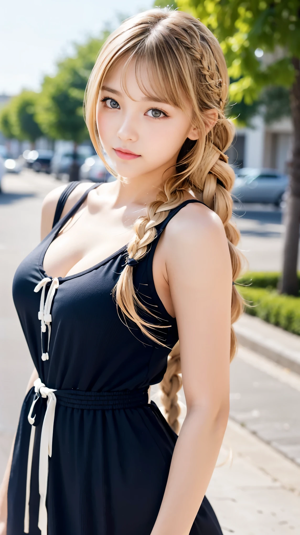 Sexy big 、Sexy cute looks and cute 15 year old beautiful girl, Beautiful and sexy face、A strong wind blows my hair in front of my face、Beautiful long blonde French braided hair、Beautiful, cute and sexy eyes hidden by long bangs