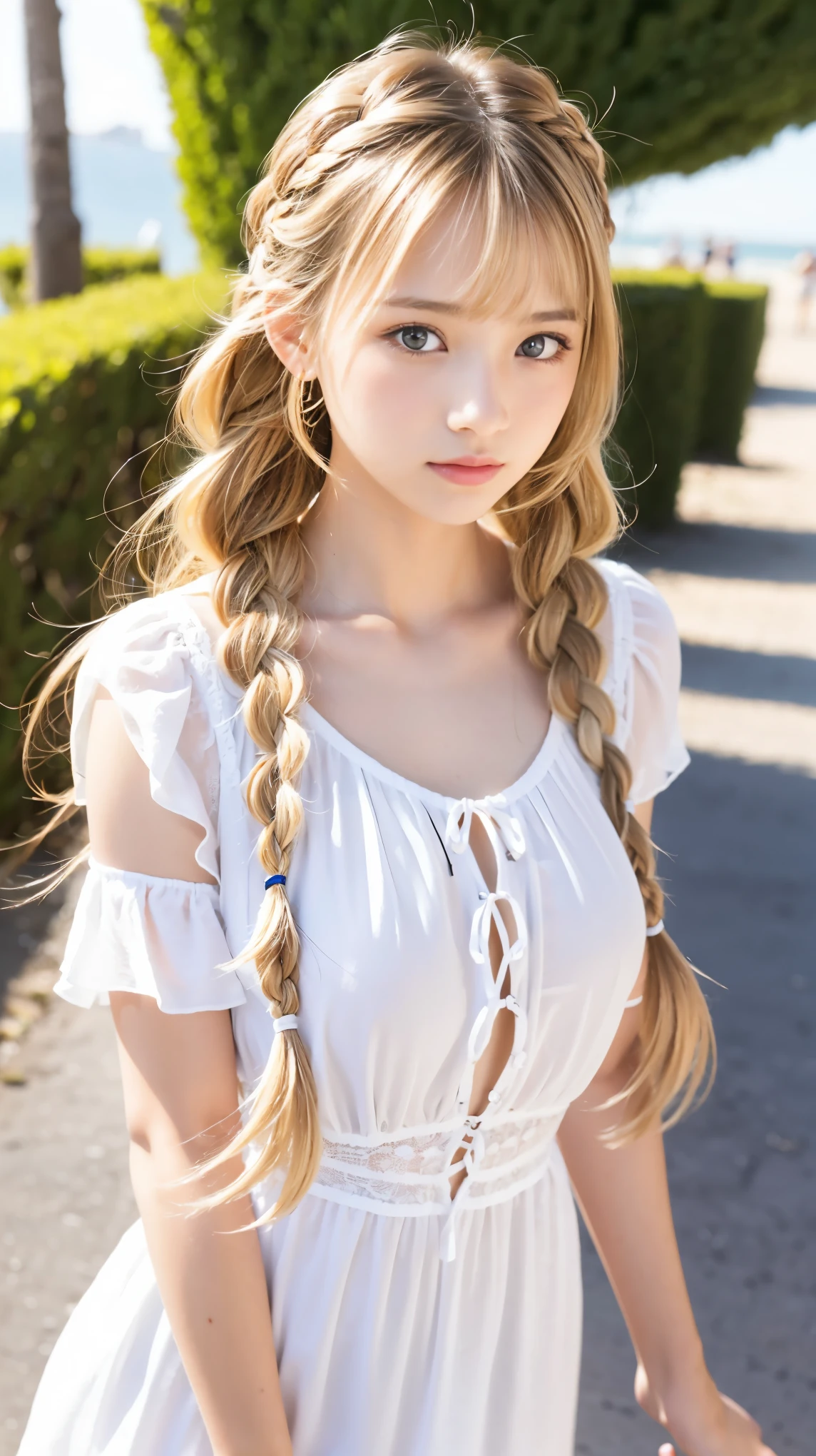 Sexy big 、Sexy cute looks and cute  beautiful girl, Beautiful and sexy face、A strong wind blows my hair in front of my face、Beautiful long blonde French braided hair、Beautiful, cute and sexy eyes hidden by long bangs