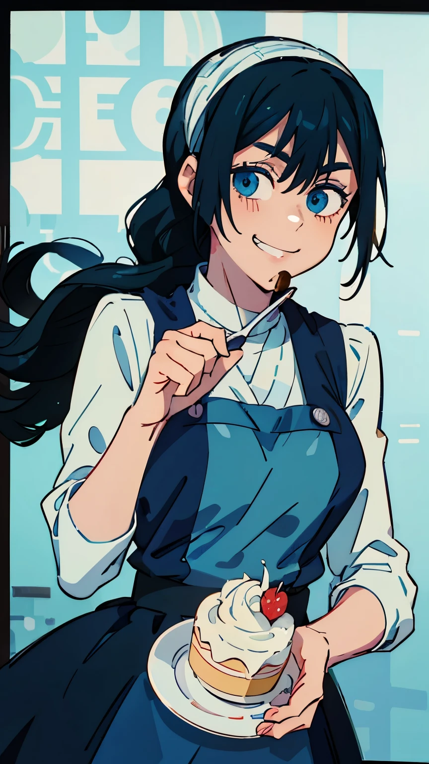 (highest quality,High resolution,Very detailed),Western sweets、Eating cake happily, Long Black Hair,Riko Amano(Jujutsu Kaisen)、 Sparkling blue eyes、spoon, A soft smile that seems to melt、Grin、Background Blur, Depth of the written border