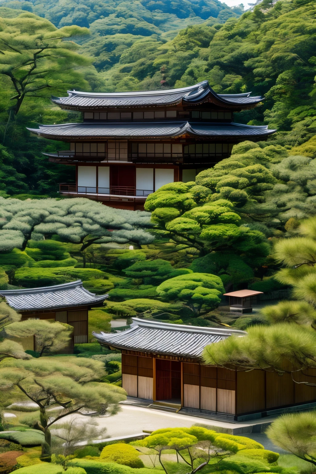 traditional japanese style house with several bamboo trees around with a view from above