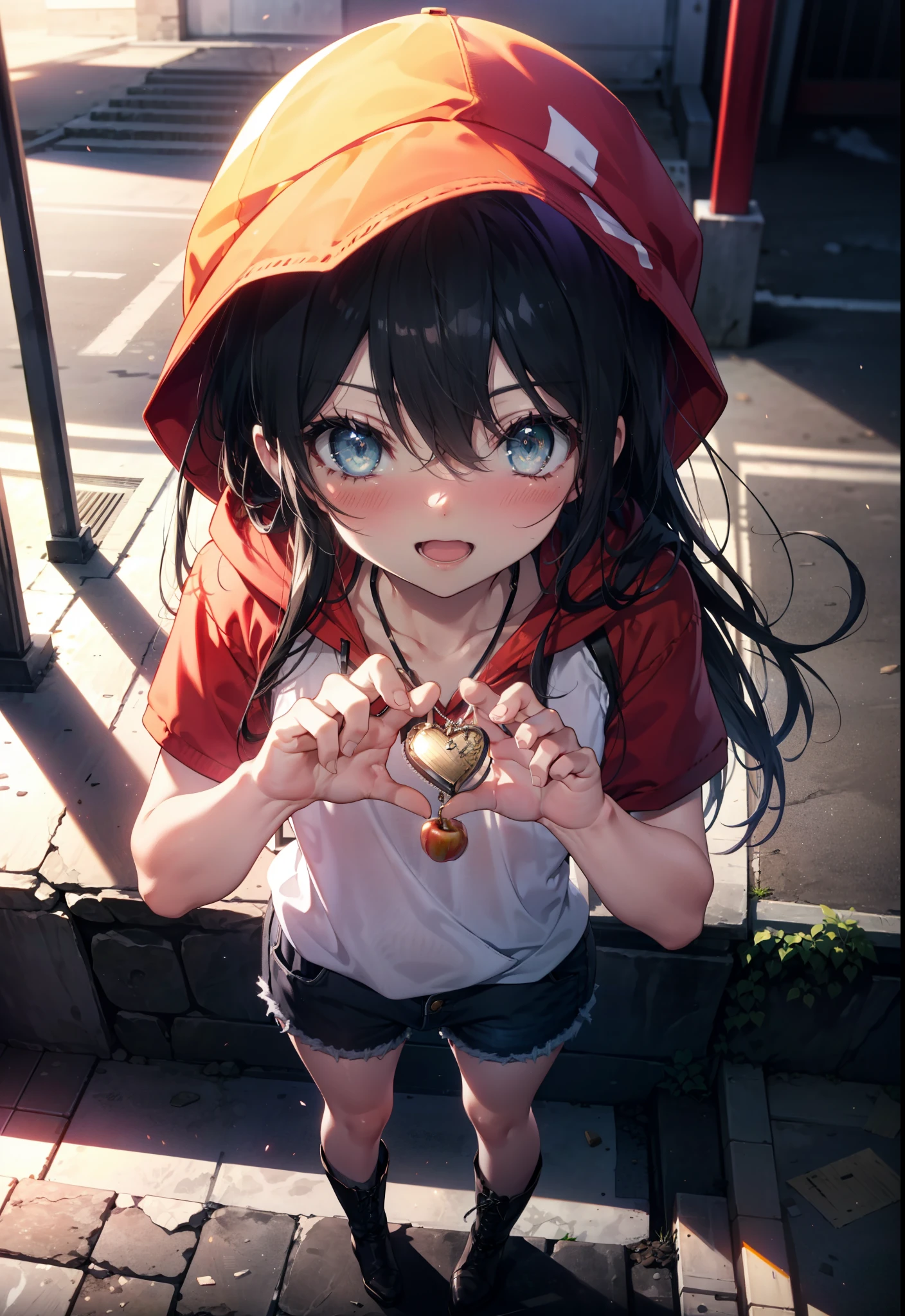 Shana,灼眼のShana,Long Hair, Black Hair,black eye, Small breasts,smile,blush,Open your mouth,Applejack Hat,Tank top shirt,Red hoodie,Short sleeve,Shorts,Black Neeso,Locket Necklace,short boots,Looking down from above,whole bodyがイラストに入るように,morning,morning陽,The sun is rising,
break looking at viewer, whole body,
break outdoors, City Street,construction area,
break (masterpiece:1.2), highest quality, High resolution, unity 8k wallpaper, (shape:0.8), (Beautiful and beautiful eyes:1.6), Highly detailed face, Perfect lighting, Extremely detailed CG, (Perfect hands, Perfect Anatomy),