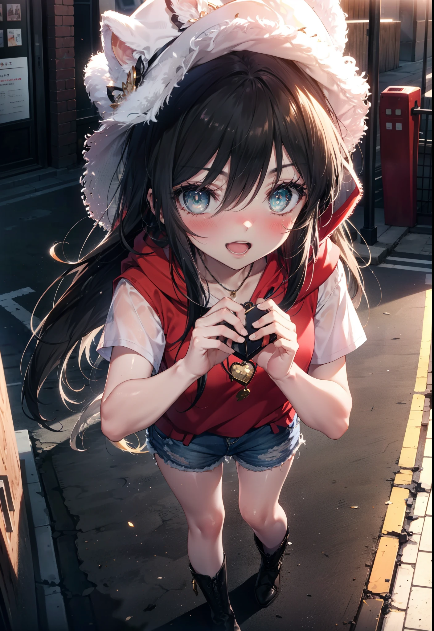 Shana,灼眼のShana,Long Hair, Black Hair,black eye, Small breasts,smile,blush,Open your mouth,Applejack Hat,Tank top shirt,Red hoodie,Short sleeve,Shorts,Black Neeso,Locket Necklace,short boots,Looking down from above,whole bodyがイラストに入るように,morning,morning陽,The sun is rising,
break looking at viewer, whole body,
break outdoors, City Street,construction area,
break (masterpiece:1.2), highest quality, High resolution, unity 8k wallpaper, (shape:0.8), (Beautiful and beautiful eyes:1.6), Highly detailed face, Perfect lighting, Extremely detailed CG, (Perfect hands, Perfect Anatomy),