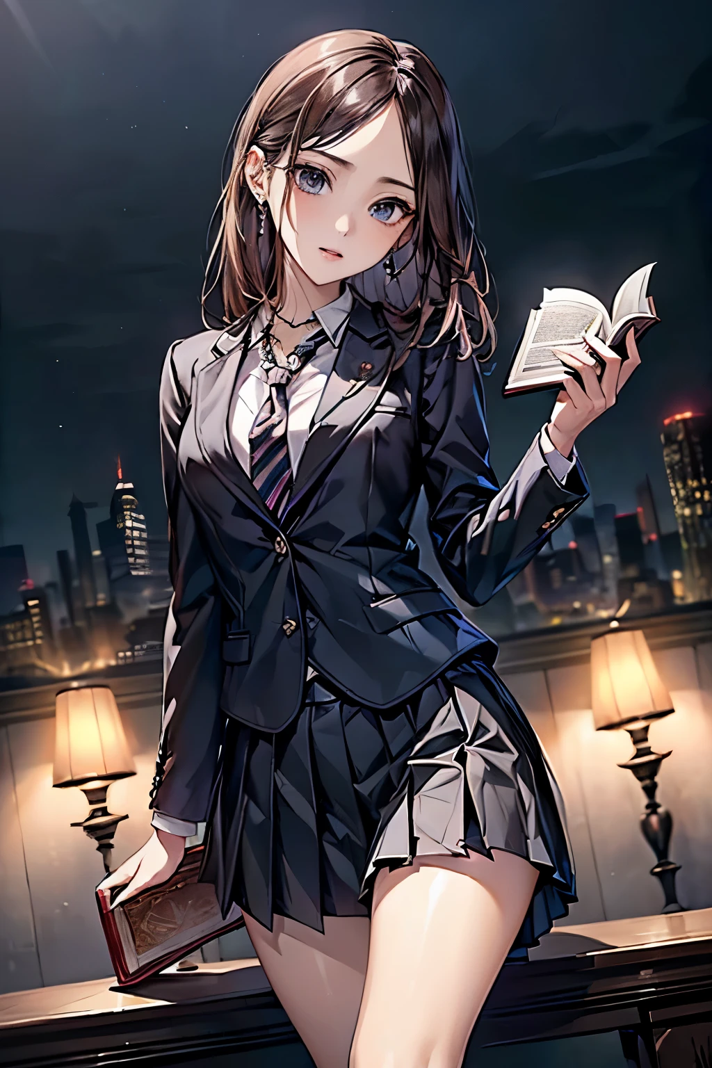 ((Biologically correct limb count))、(( Full-body photo including face))、4K、((Standing position))、masterpiece、((Symmetrical facial features))、Eye for detailed depiction、Beautiful woman、Excellent style、Beautiful clavicle、Beautiful feet、Beautiful Hands、Slender body、(Small Ass、Thin thighs)、(Striped stockings、High heels)、Detailed depiction of the face、Small earrings、necklace、(upper body blazer、shirt、(Block pleated skirt))、Glancing sideways、tie、Night cityscape、Great background、Low Angle、Reading a book