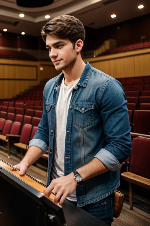handsome male like a american, 22 years old wearing a casual clothes playing a drums highlights with Men Wedding Ring detailed, innocent face, natural fringe hair, hazel eyes, Handsome 1 people, 1 people handsome, Casual clothes, A hyper-realistic, Praising expression, auditorium hall with young people hiquality, Friends group, Nikon, Canon, Fujifilm, HD, 4K, 8k
